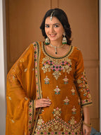 Yash Enterprise Orange Fandy Silk Party Wear Embroidery Suit Set | Grocsy