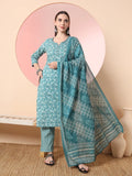Yufta Green Pure Cotton Thread_Work Straight Kurta Dupatta Pant Set | Grocsy