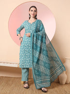 Yufta Green Pure Cotton Thread_Work Straight Kurta Dupatta Pant Set | Grocsy