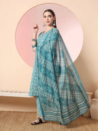 Yufta Green Pure Cotton Thread_Work Straight Kurta Dupatta Pant Set | Grocsy