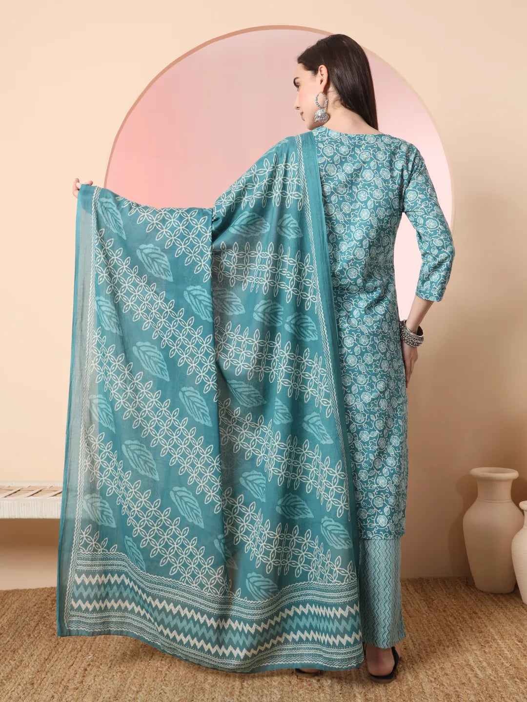 Yufta Green Pure Cotton Thread_Work Straight Kurta Dupatta Pant Set | Grocsy