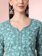 Yufta Green Pure Cotton Thread_Work Straight Kurta Dupatta Pant Set | Grocsy