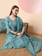 Yufta Green Pure Cotton Thread_Work Straight Kurta Dupatta Pant Set | Grocsy