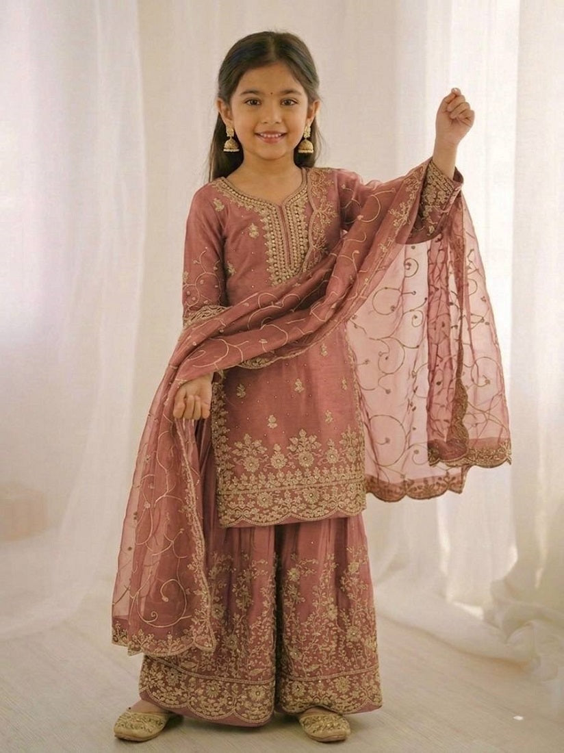 Evanik Orange Designer Wedding Embroidered Work Kids Palazzo Set | Grocsy
