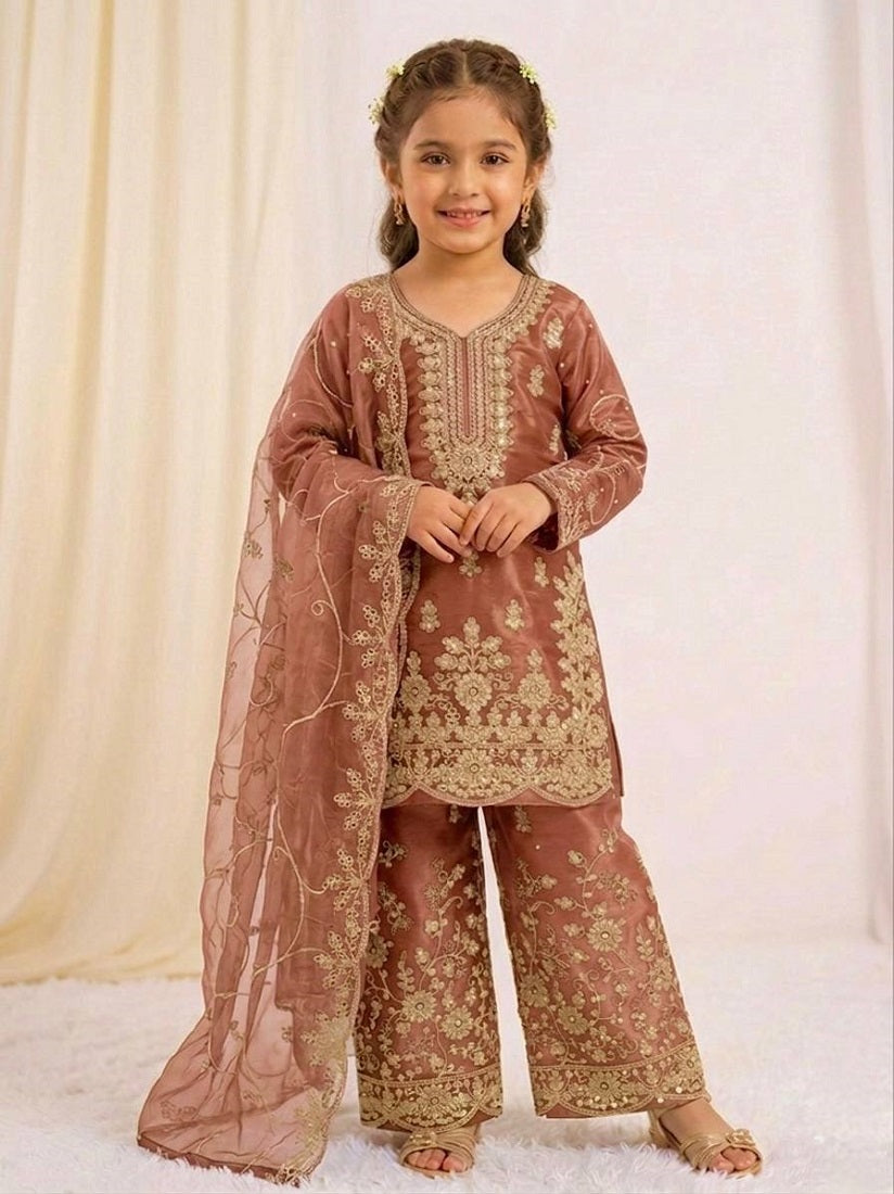 Evanik Orange Designer Wedding Embroidered Work Kids Palazzo Set | Grocsy