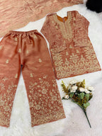 Evanik Orange Designer Wedding Embroidered Work Kids Palazzo Set | Grocsy