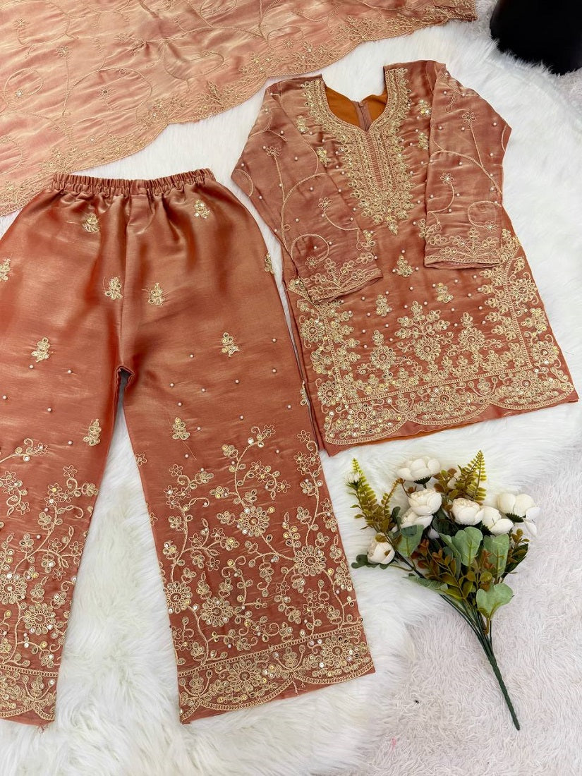 Evanik Orange Designer Wedding Embroidered Work Kids Palazzo Set | Grocsy