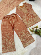 Evanik Orange Designer Wedding Embroidered Work Kids Palazzo Set | Grocsy
