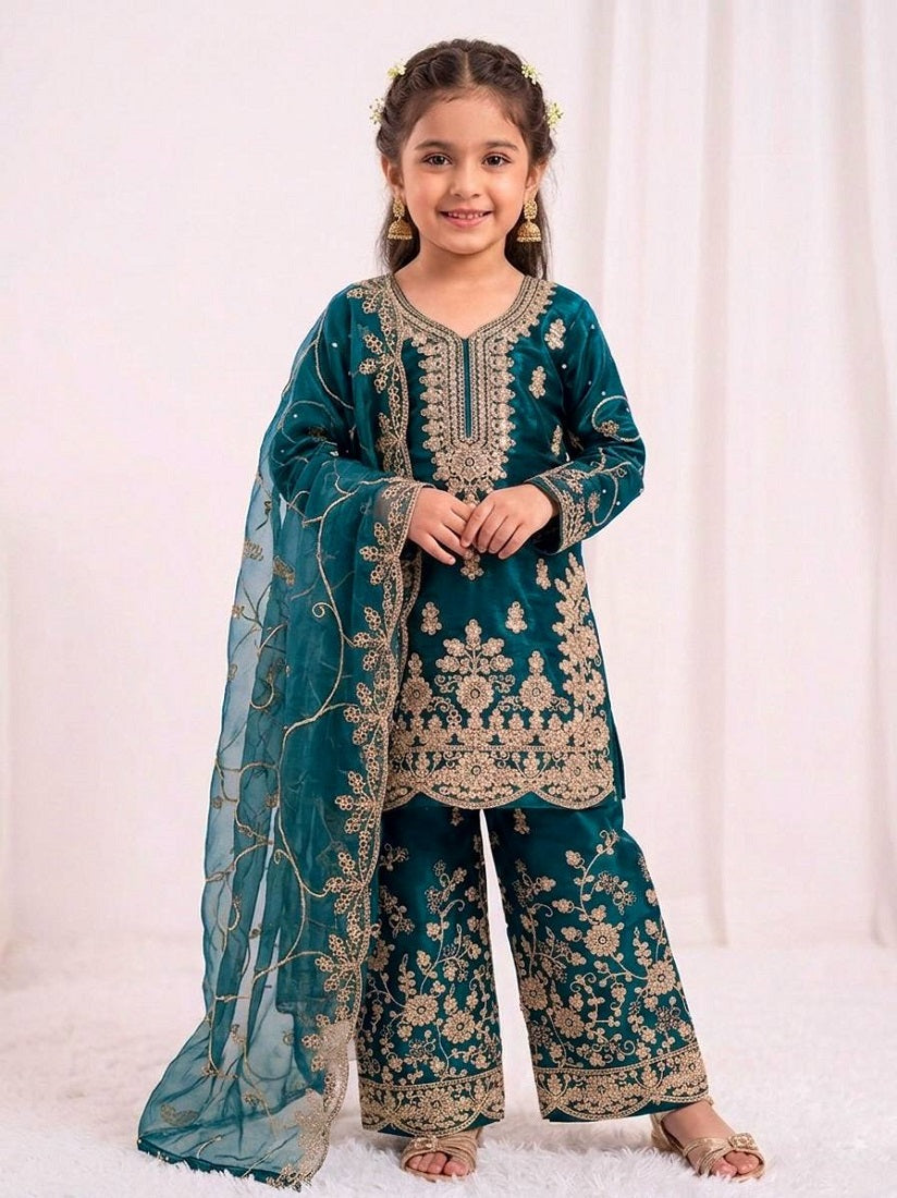 Evanik Blue Designer Wedding Embroidered Work Kids Palazzo Set | Grocsy