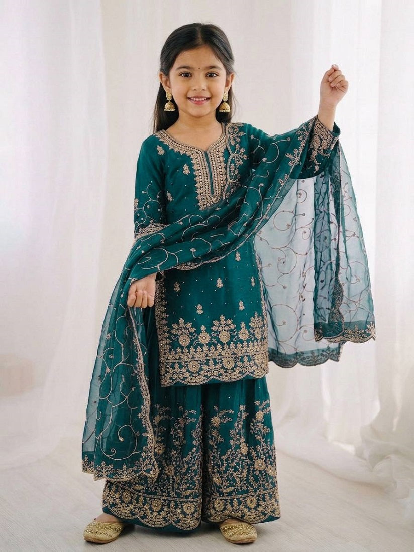 Evanik Blue Designer Wedding Embroidered Work Kids Palazzo Set | Grocsy