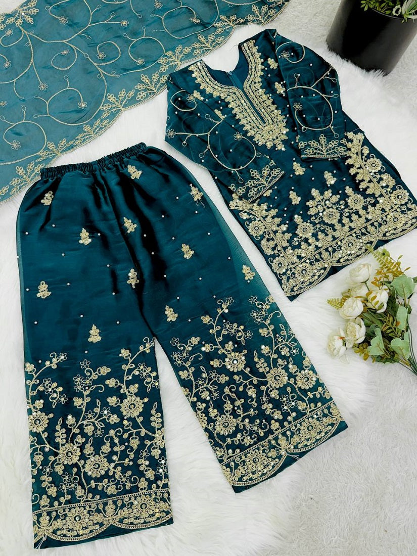 Evanik Blue Designer Wedding Embroidered Work Kids Palazzo Set | Grocsy