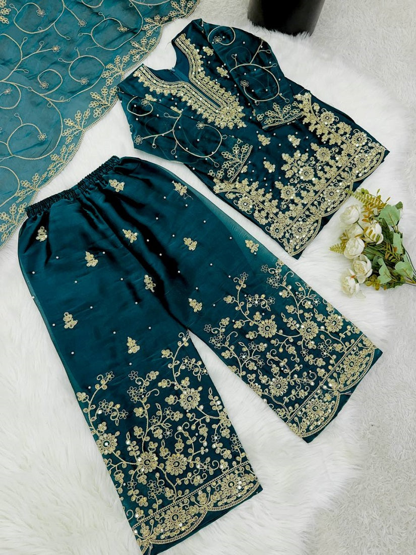 Evanik Blue Designer Wedding Embroidered Work Kids Palazzo Set | Grocsy