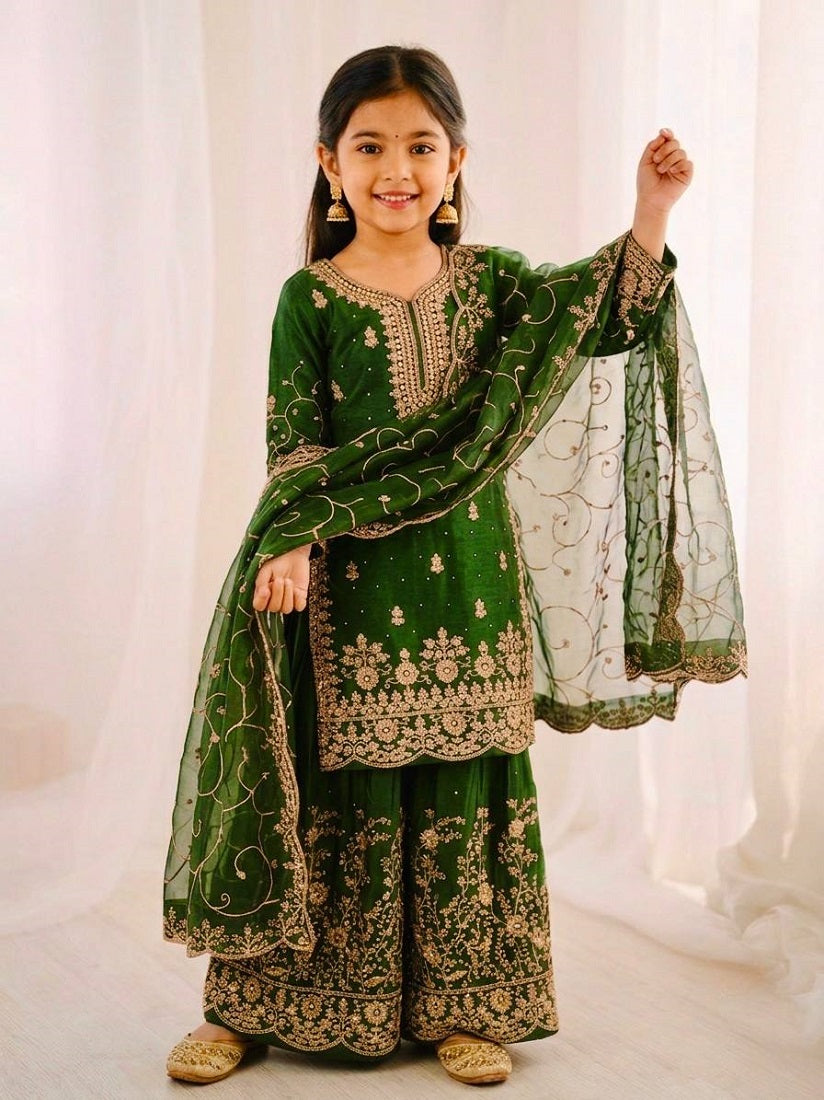Evanik Green Designer Wedding Embroidered Work Kids Palazzo Set | Grocsy