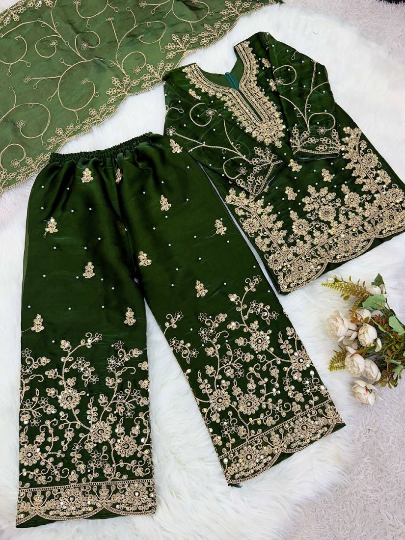 Evanik Green Designer Wedding Embroidered Work Kids Palazzo Set | Grocsy