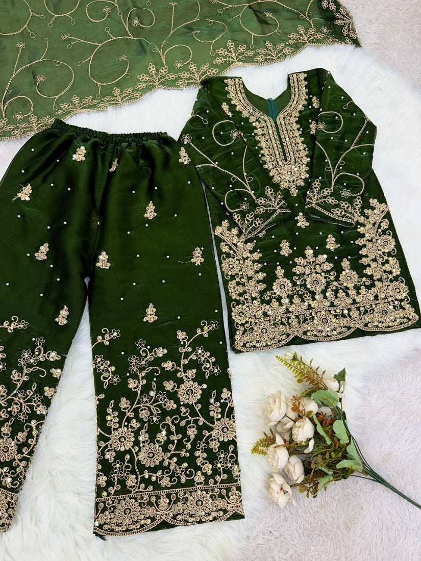 Evanik Green Designer Wedding Embroidered Work Kids Palazzo Set | Grocsy