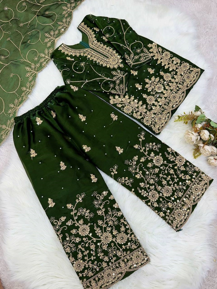 Evanik Green Designer Wedding Embroidered Work Kids Palazzo Set | Grocsy