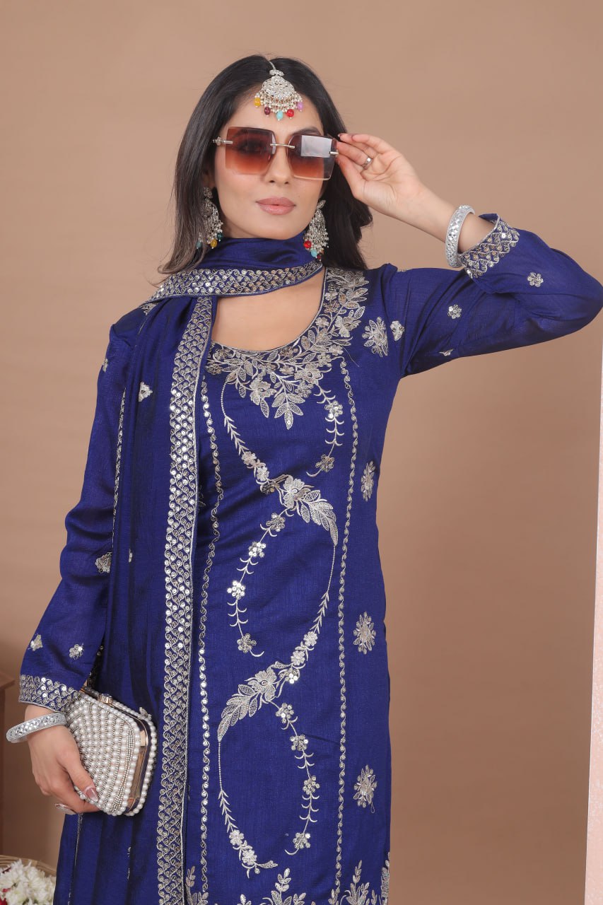Yash Enterprise Navy Blue Vichitra Silk Embroidery Party Wear Suit Set | Grocsy