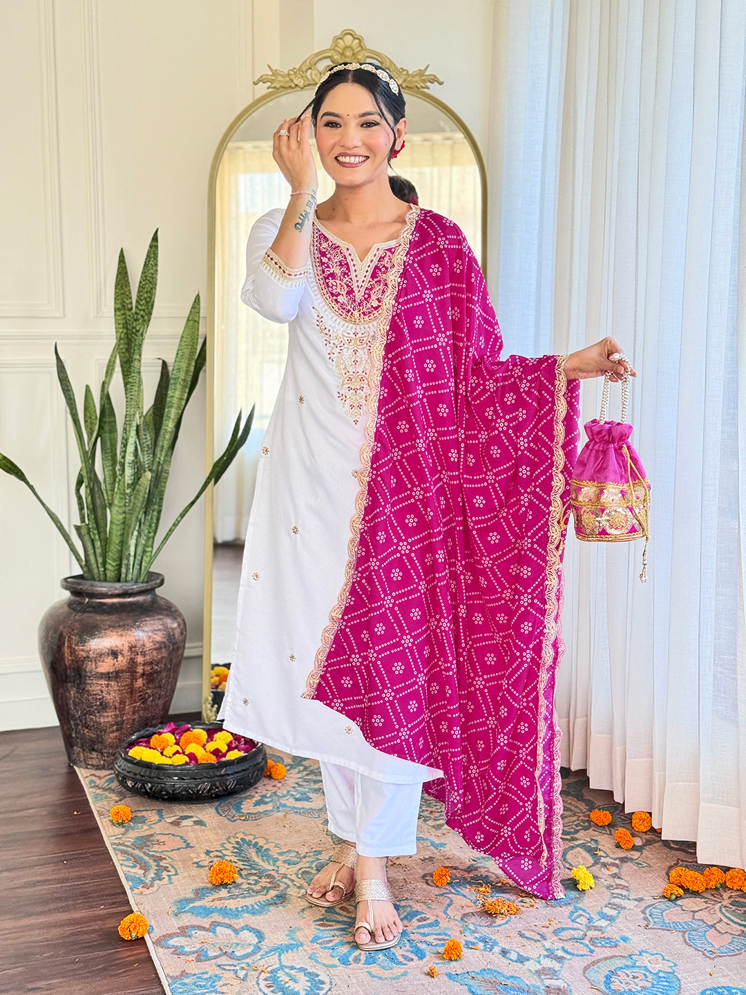 The52 Women's Embroidered Viscose Fabric Straight Kurta, Pant and Dupatta Set | Grocsy