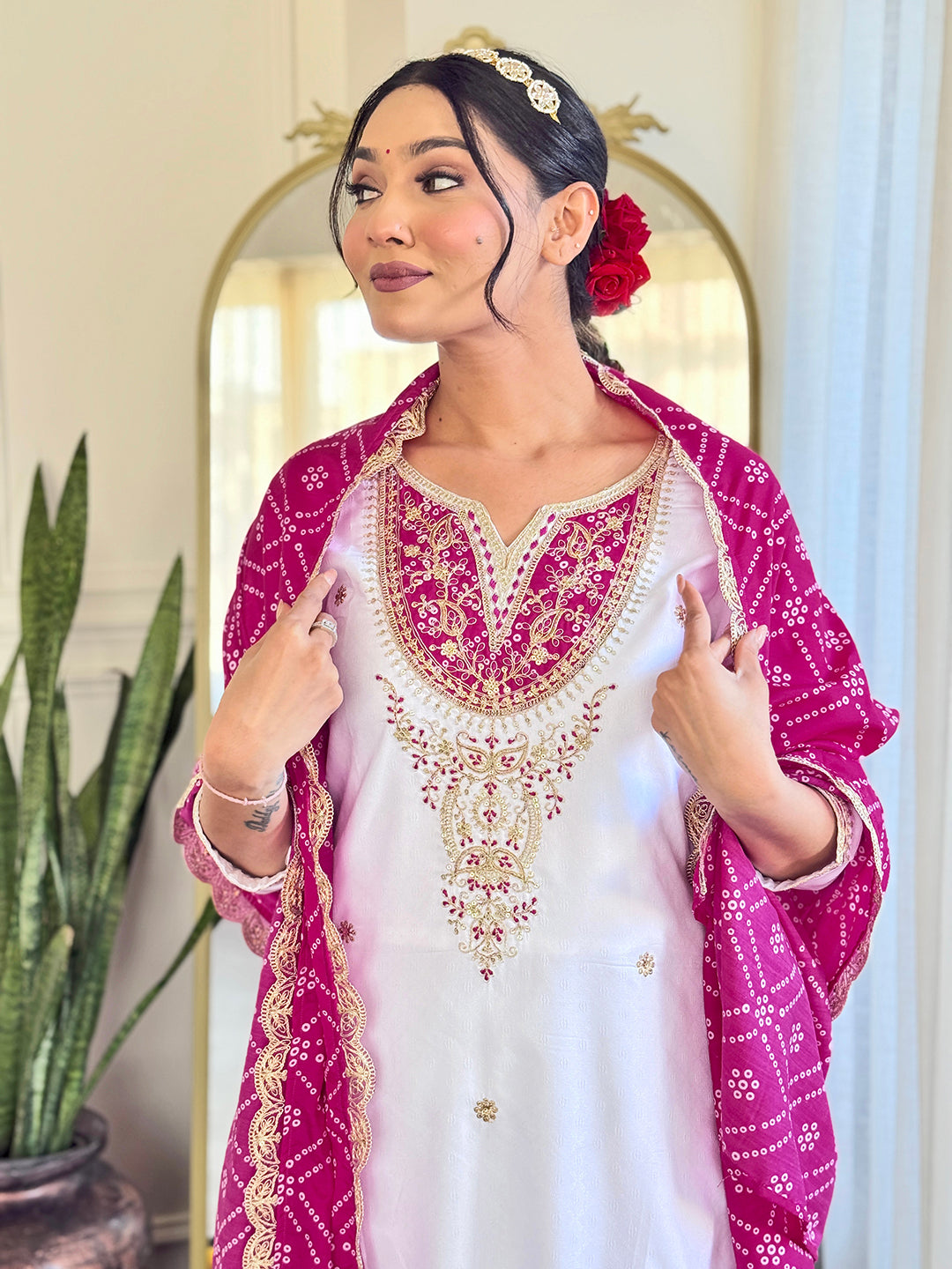 The52 Women's Embroidered Viscose Fabric Straight Kurta, Pant and Dupatta Set | Grocsy