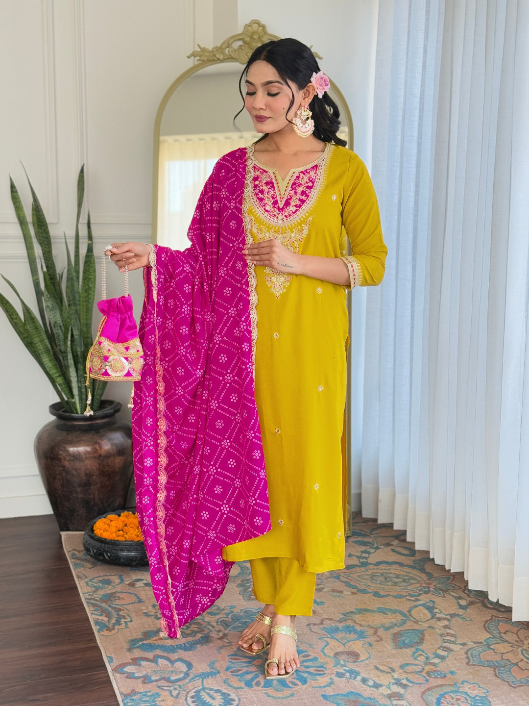 The52 Women's Embroidered Viscose Fabric Straight Kurta, Pant and Dupatta Set | Grocsy