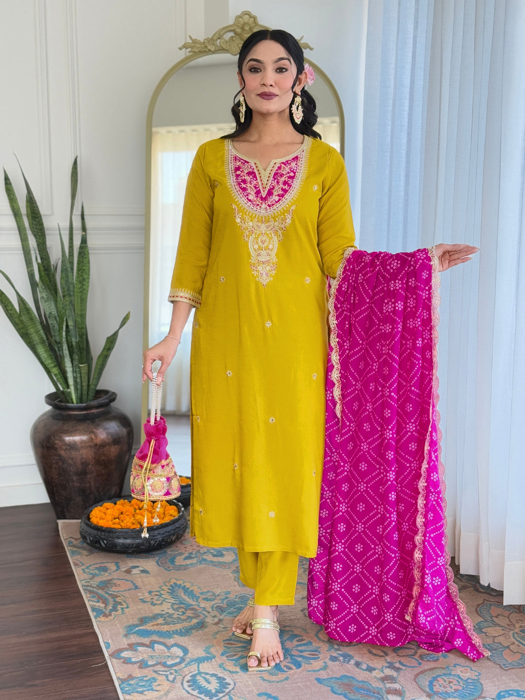 The52 Women's Embroidered Viscose Fabric Straight Kurta, Pant and Dupatta Set | Grocsy