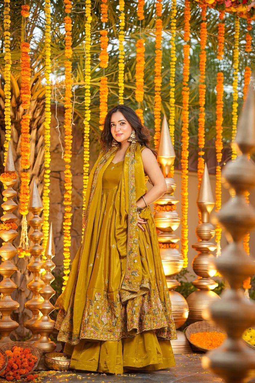 Yash Enterprise Yellow Silk Party Wear Embroidery Anarkali Suit Set | Grocsy