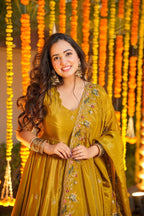 Yash Enterprise Yellow Silk Party Wear Embroidery Anarkali Suit Set | Grocsy