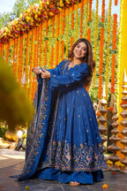 Yash Enterprise Blue Silk Party Wear Embroidery Anarkali Suit Set | Grocsy