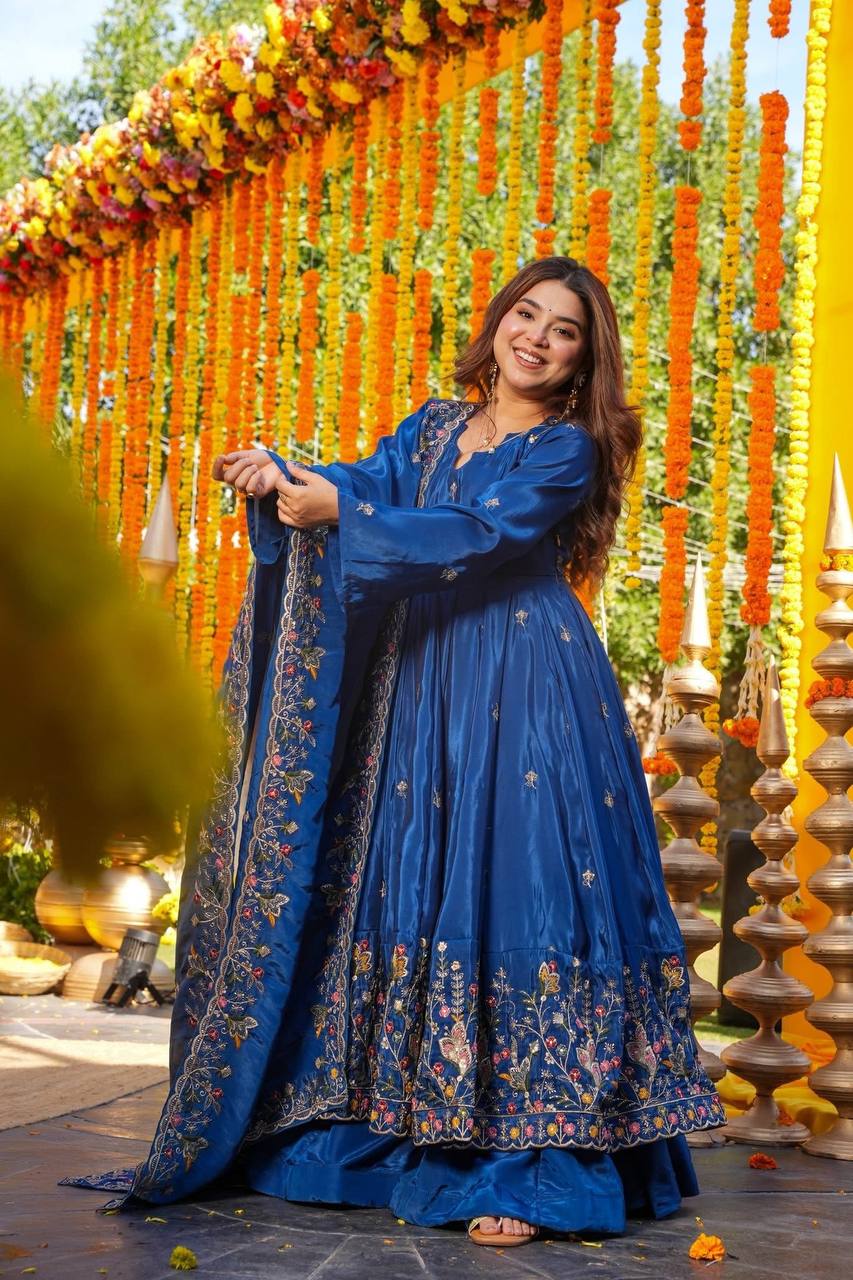 Yash Enterprise Blue Silk Party Wear Embroidery Anarkali Suit Set | Grocsy