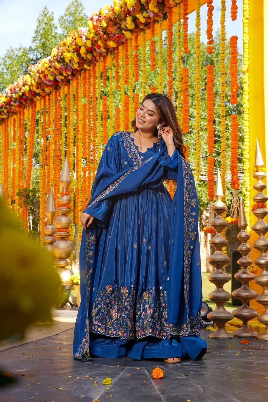 Yash Enterprise Blue Silk Party Wear Embroidery Anarkali Suit Set | Grocsy