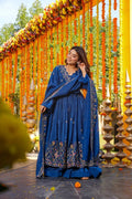 Yash Enterprise Blue Silk Party Wear Embroidery Anarkali Suit Set | Grocsy