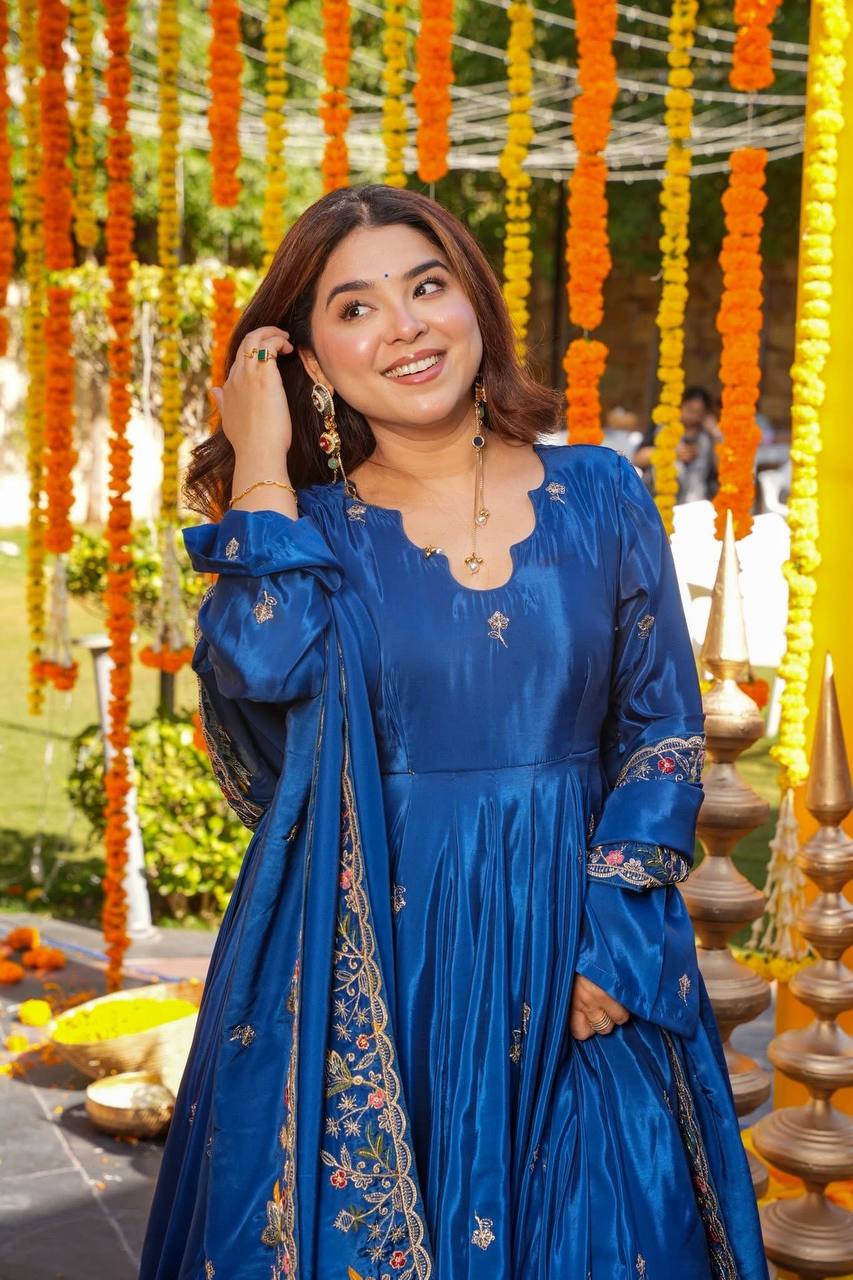 Yash Enterprise Blue Silk Party Wear Embroidery Anarkali Suit Set | Grocsy