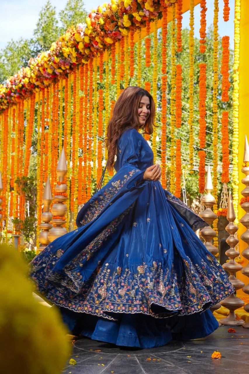 Yash Enterprise Blue Silk Party Wear Embroidery Anarkali Suit Set | Grocsy