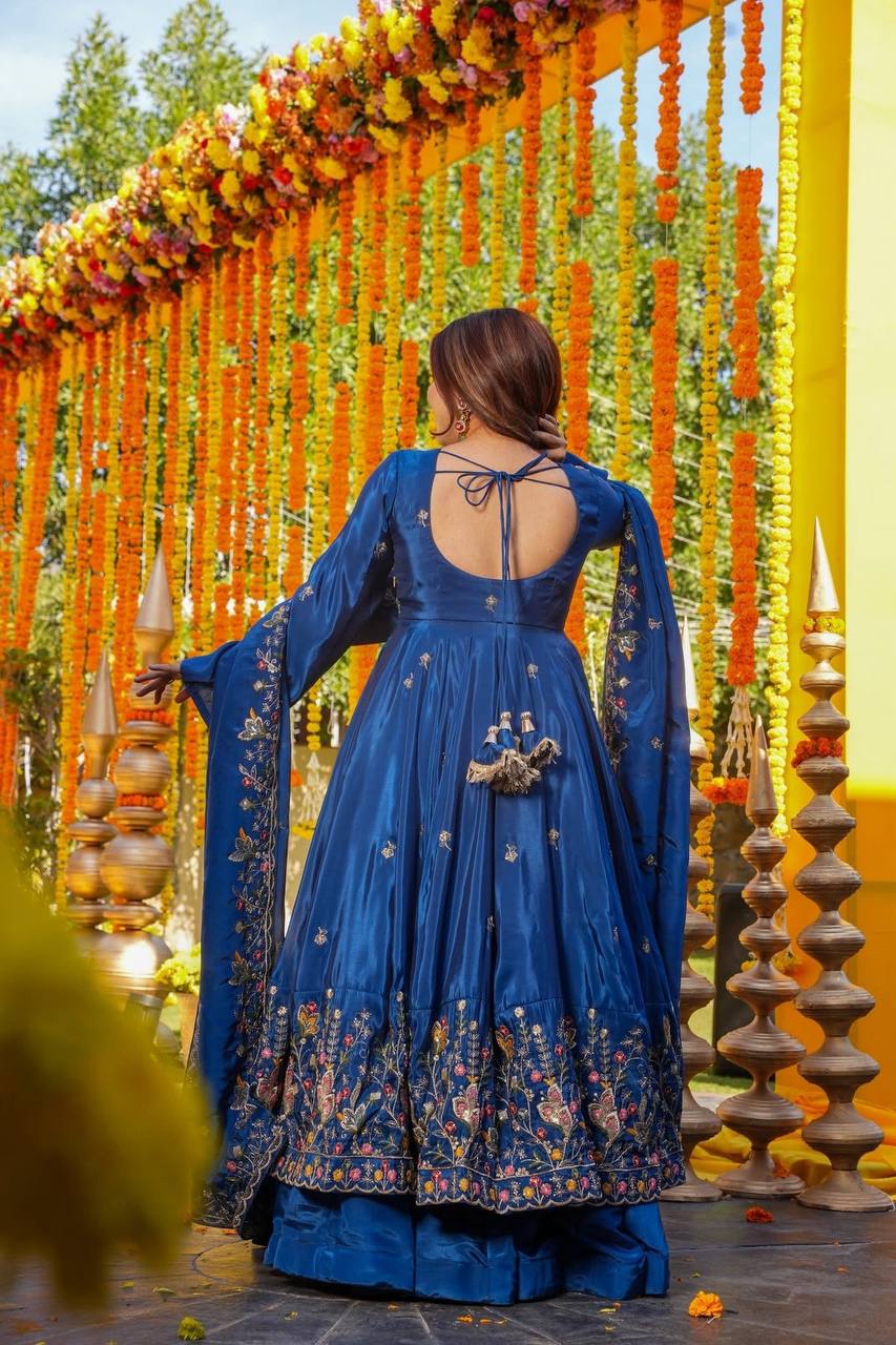 Yash Enterprise Blue Silk Party Wear Embroidery Anarkali Suit Set | Grocsy