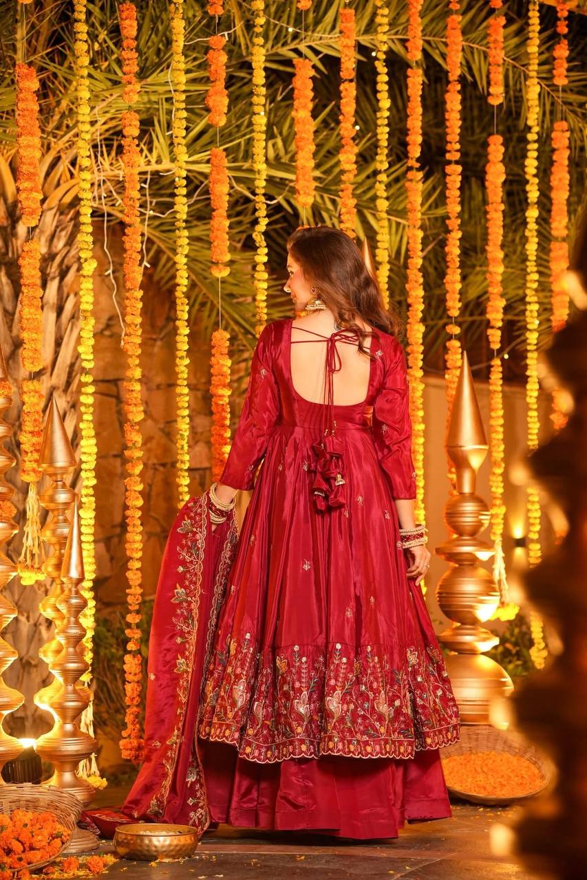 Yash Enterprise Red Silk Party Wear Embroidery Anarkali Suit Set | Grocsy