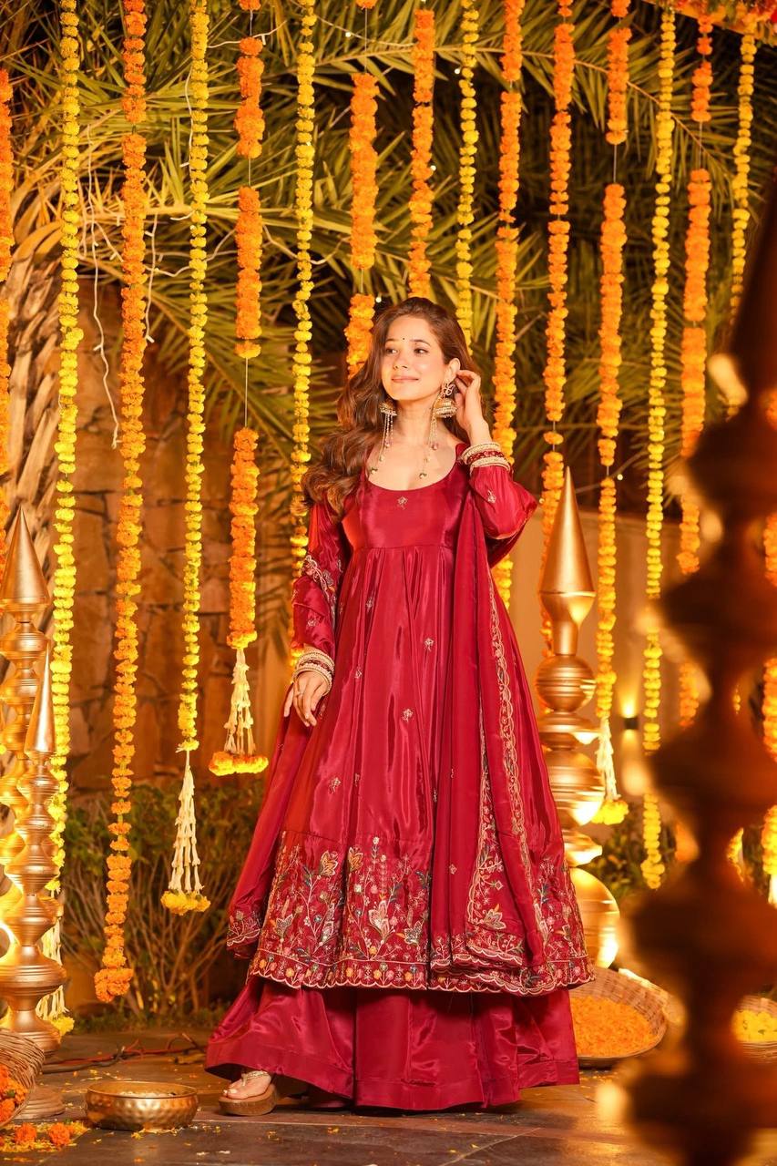 Yash Enterprise Red Silk Party Wear Embroidery Anarkali Suit Set | Grocsy