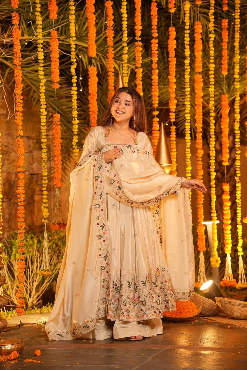 Yash Enterprise Off White Silk Party Wear Embroidery Anarkali Suit Set | Grocsy