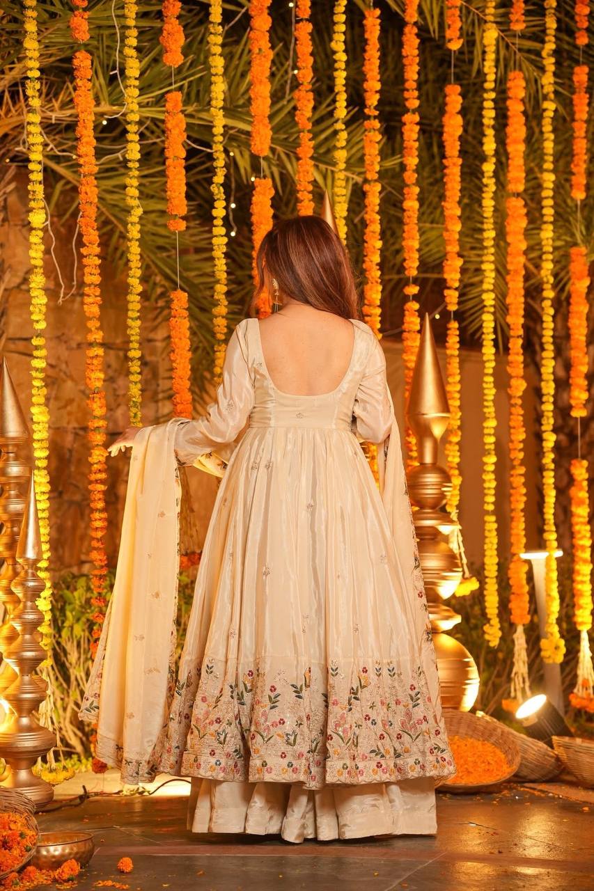 Yash Enterprise Off White Silk Party Wear Embroidery Anarkali Suit Set | Grocsy