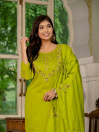Pramukh Fab Lime Green Color Marina Silk Kurta Set | Grocsy