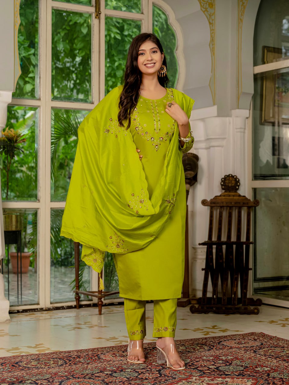 Pramukh Fab Lime Green Color Marina Silk Kurta Set | Grocsy
