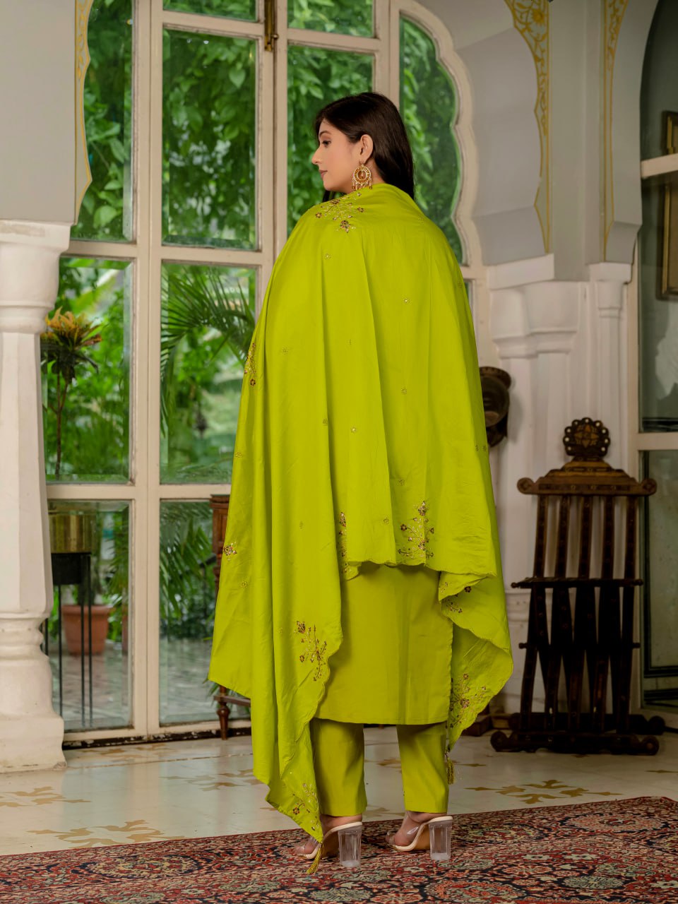 Pramukh Fab Lime Green Color Marina Silk Kurta Set | Grocsy