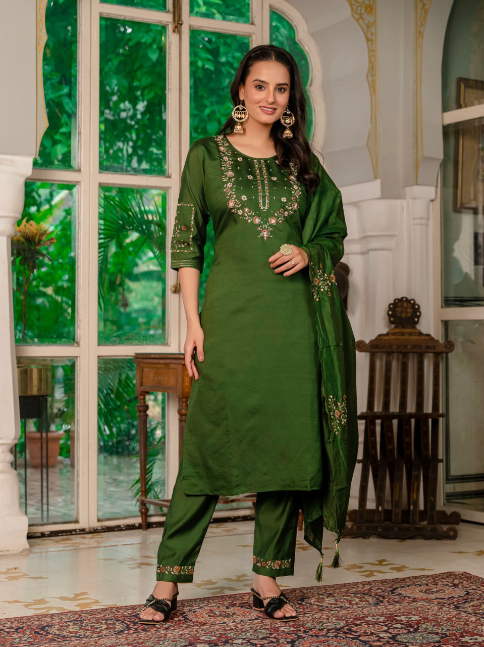 Pramukh Fab Dark Green Color Marina Silk Kurta Set | Grocsy