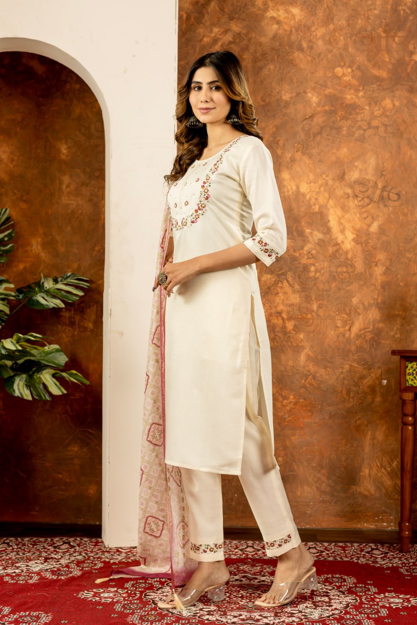 Pramukh Fab White Color Marina Silk Kurta Set | Grocsy