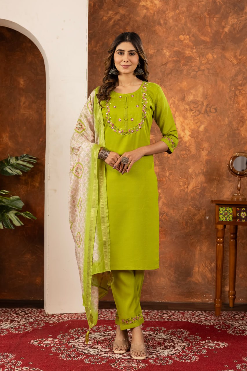 Pramukh Fab Parrot Green Color Marina Silk Kurta Set | Grocsy
