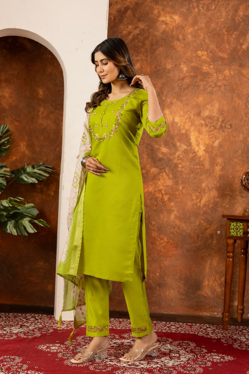 Pramukh Fab Parrot Green Color Marina Silk Kurta Set | Grocsy
