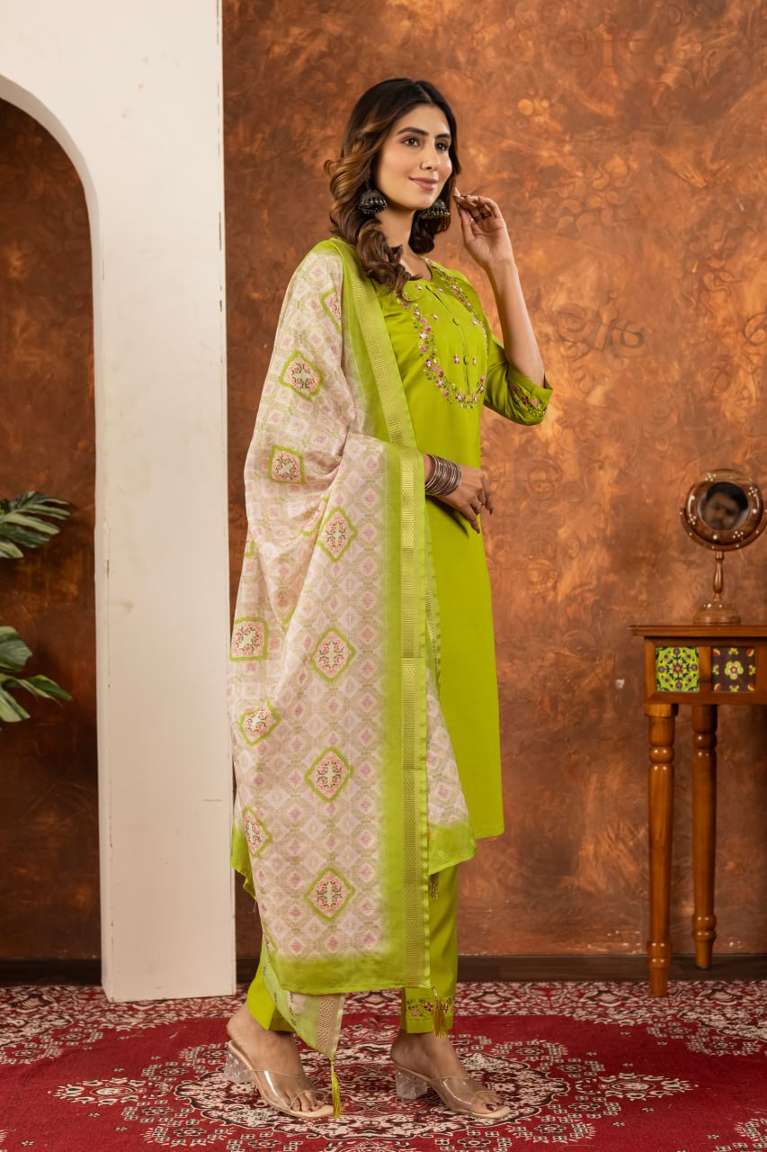 Pramukh Fab Parrot Green Color Marina Silk Kurta Set | Grocsy