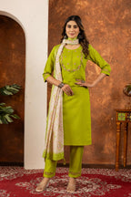 Pramukh Fab Parrot Green Color Marina Silk Kurta Set | Grocsy