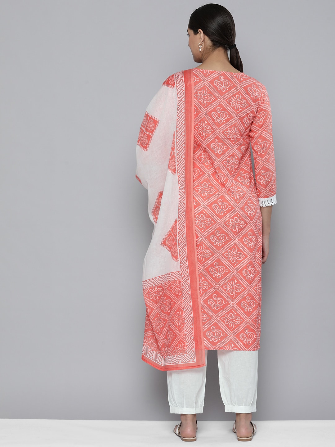 HERE&NOW Women Orange Ethnic Motifs Embroidered Pure Cotton Kurta with Trousers & With Dupatta | Grocsy