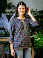 Yufta Blue Cotton Geometric Print Regular Top | Grocsy