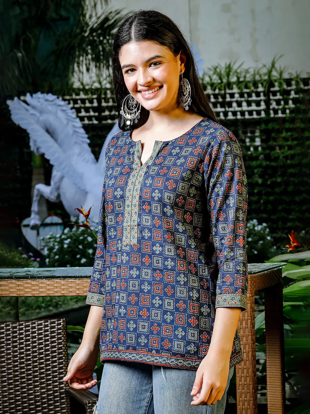 Yufta Blue Cotton Geometric Print Regular Top | Grocsy